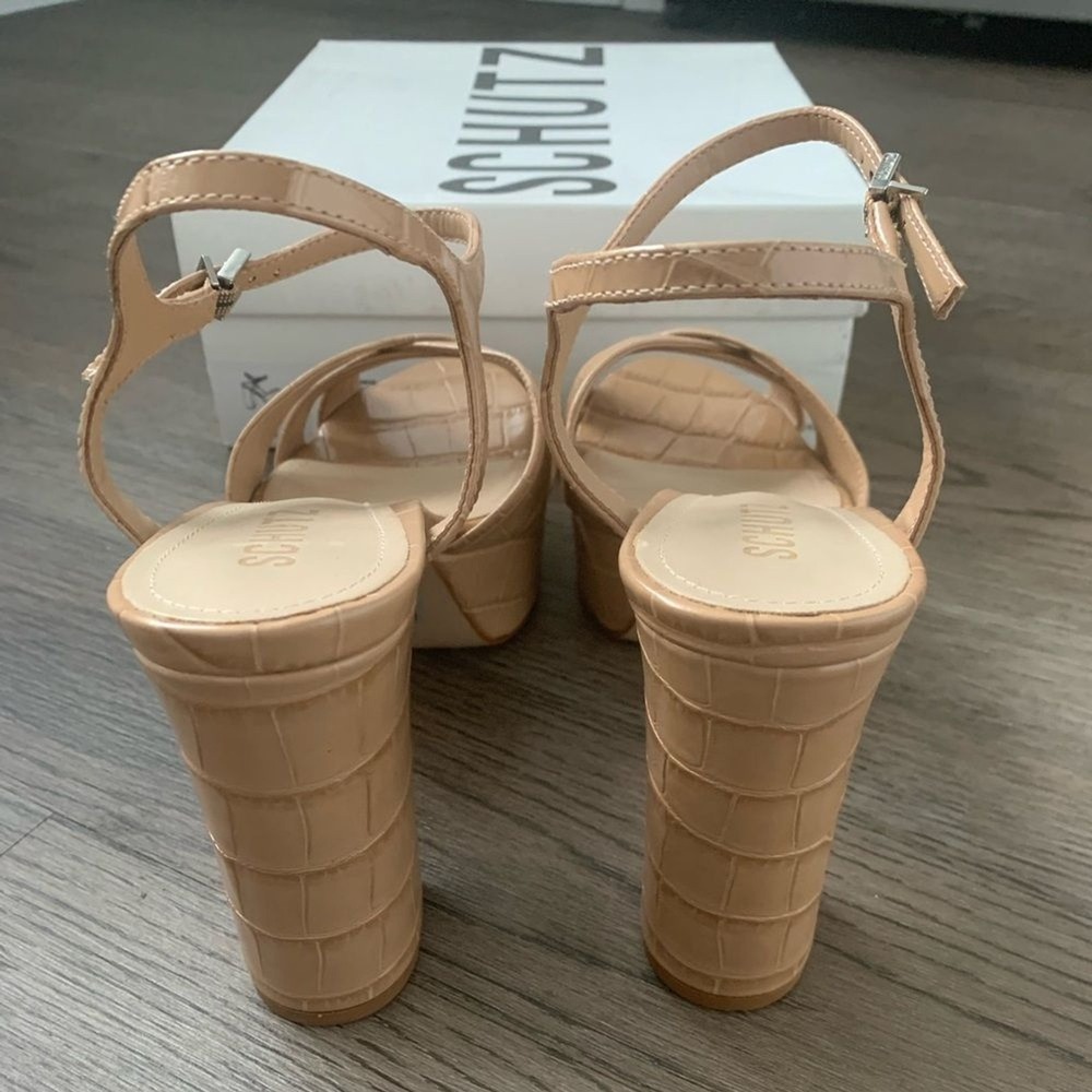 SCHUTZ Keefa Platform Heels Size 10 Nude Beige Croc Embossed Leather Sandals NWB - Picture 9 of 16